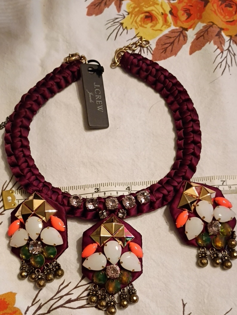 J. Crew Burgundy Braided Statement Necklace with Multicolor Gem Drops